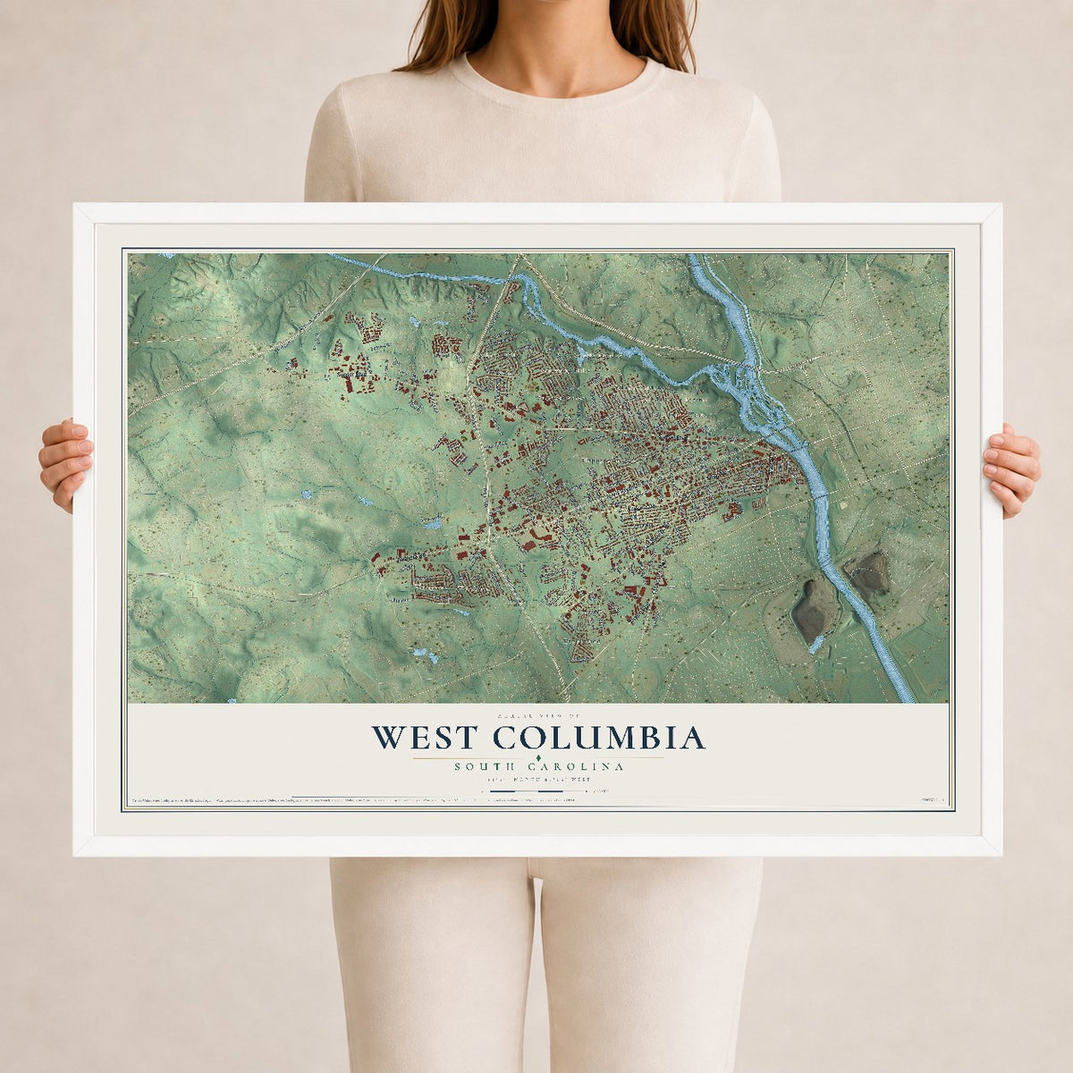 Map of West Columbia, South Carolina, 24 x 36 inch print in a white wood frame