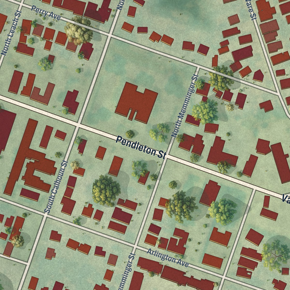 Close-up of the map of West End, South Carolina print showing street and building detail