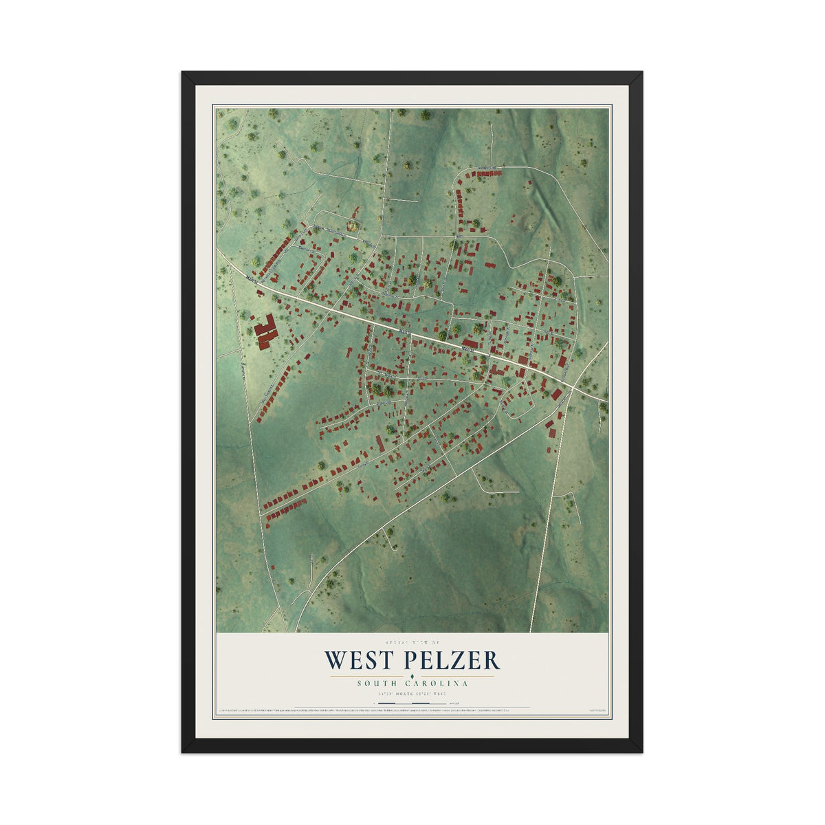 Map of West Pelzer, South Carolina, 12 x 18 inch print in a black wood frame
