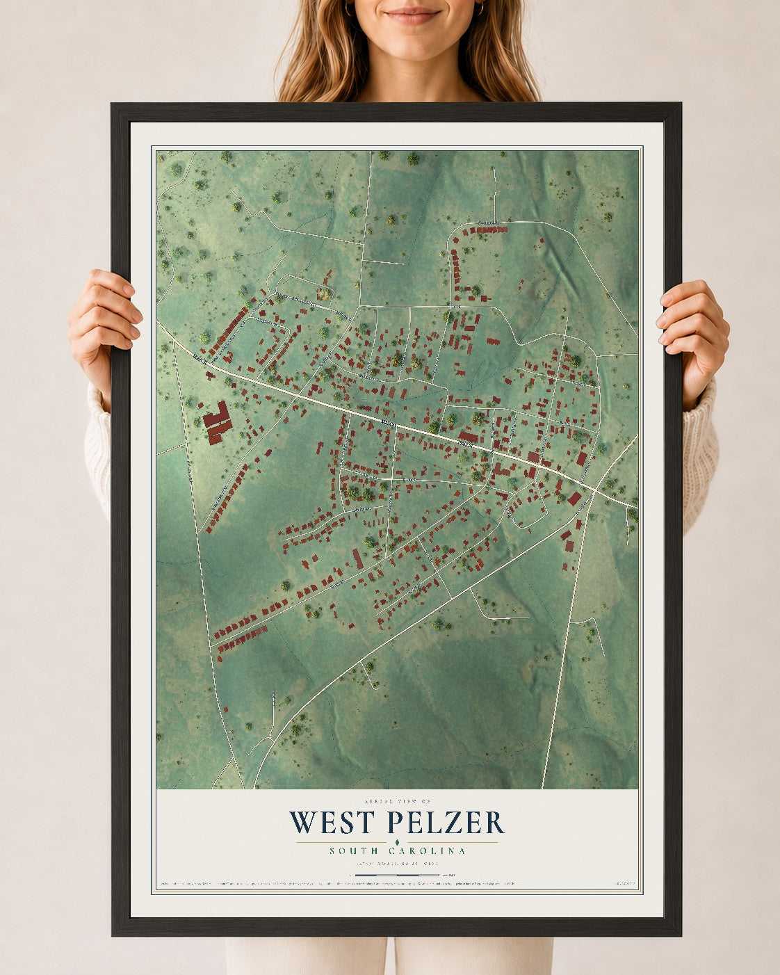 Map of West Pelzer, South Carolina, 24 x 36 inch print in a black wood frame