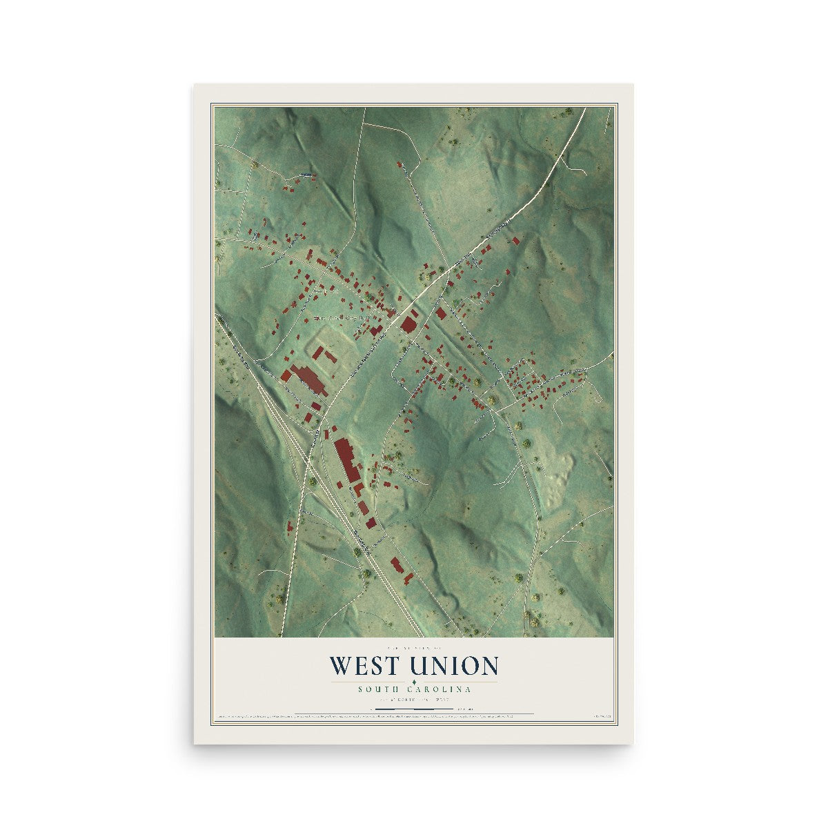 Map of West Union, South Carolina, 12 x 18 inch unframed archival matte print