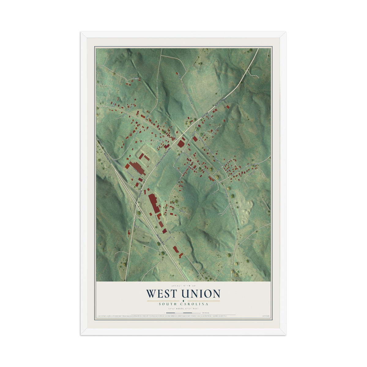 Map of West Union, South Carolina, 12 x 18 inch print in a white wood frame