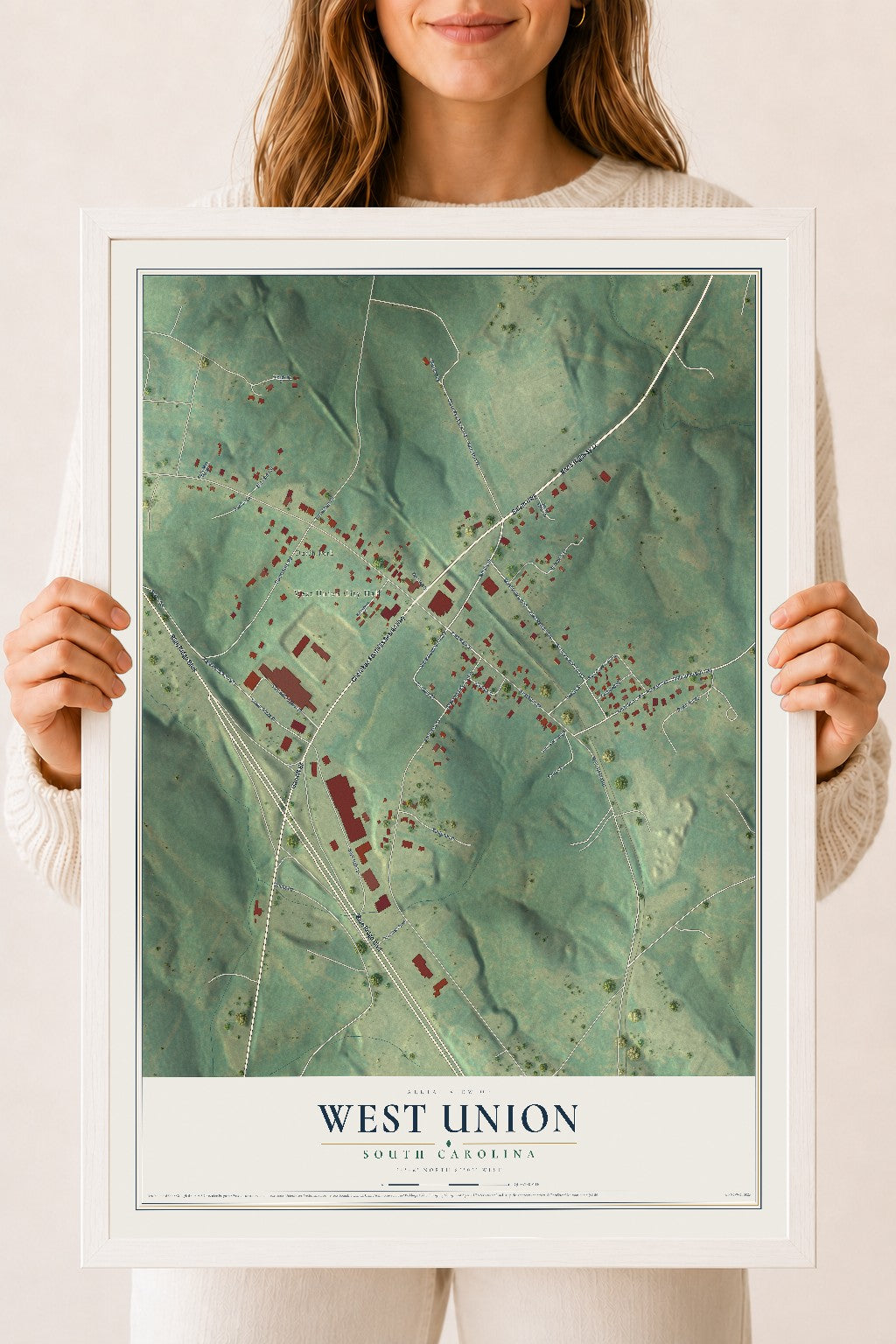 Map of West Union, South Carolina, 18 x 24 inch print in a white wood frame