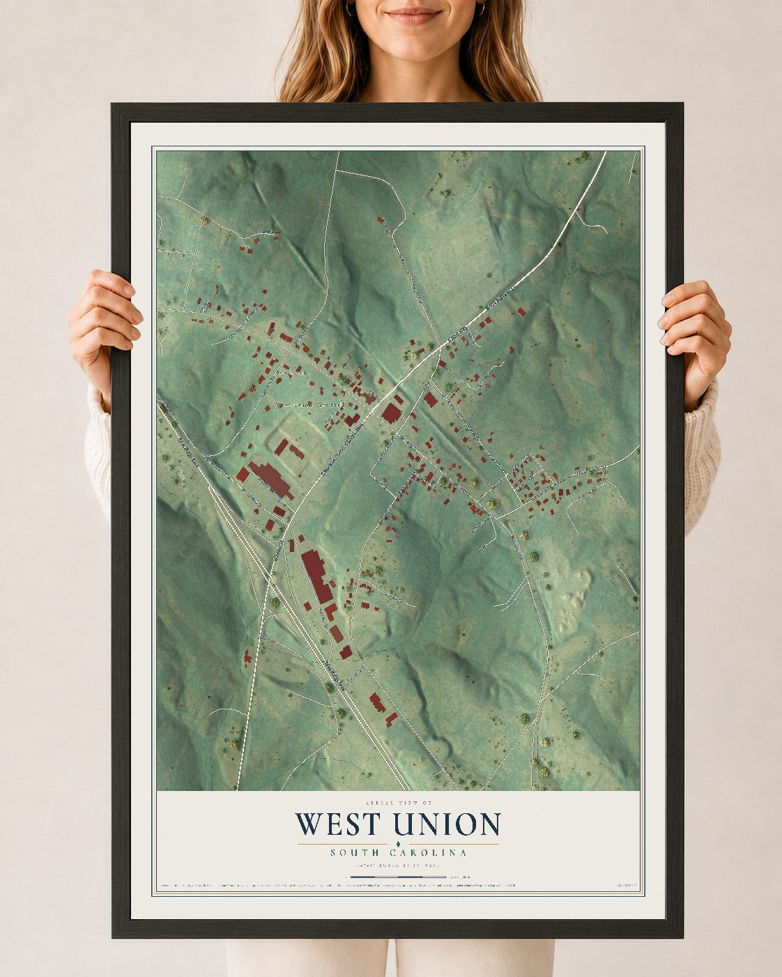 Map of West Union, South Carolina, 24 x 36 inch print in a black wood frame