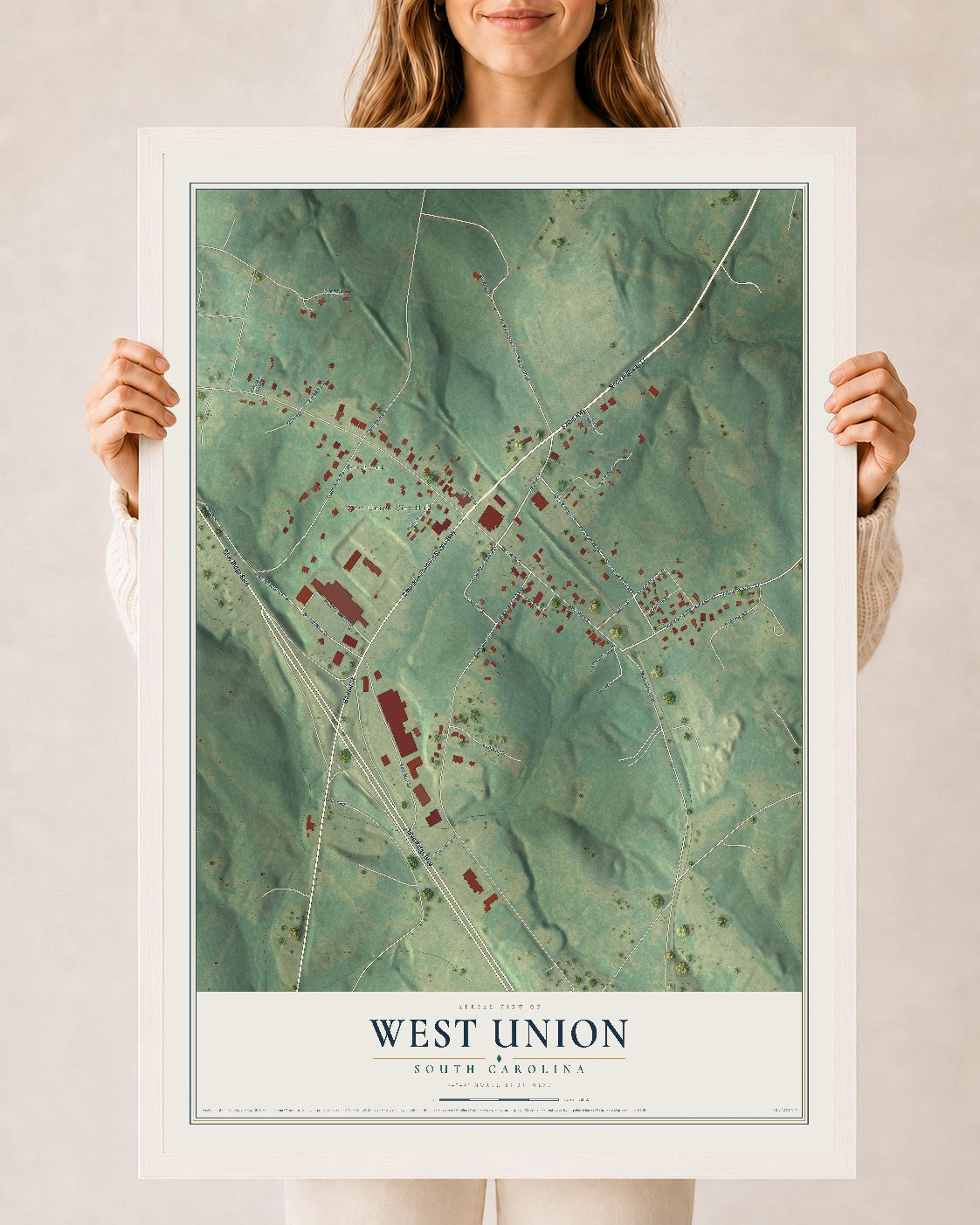 Map of West Union, South Carolina, 24 x 36 inch print in a white wood frame