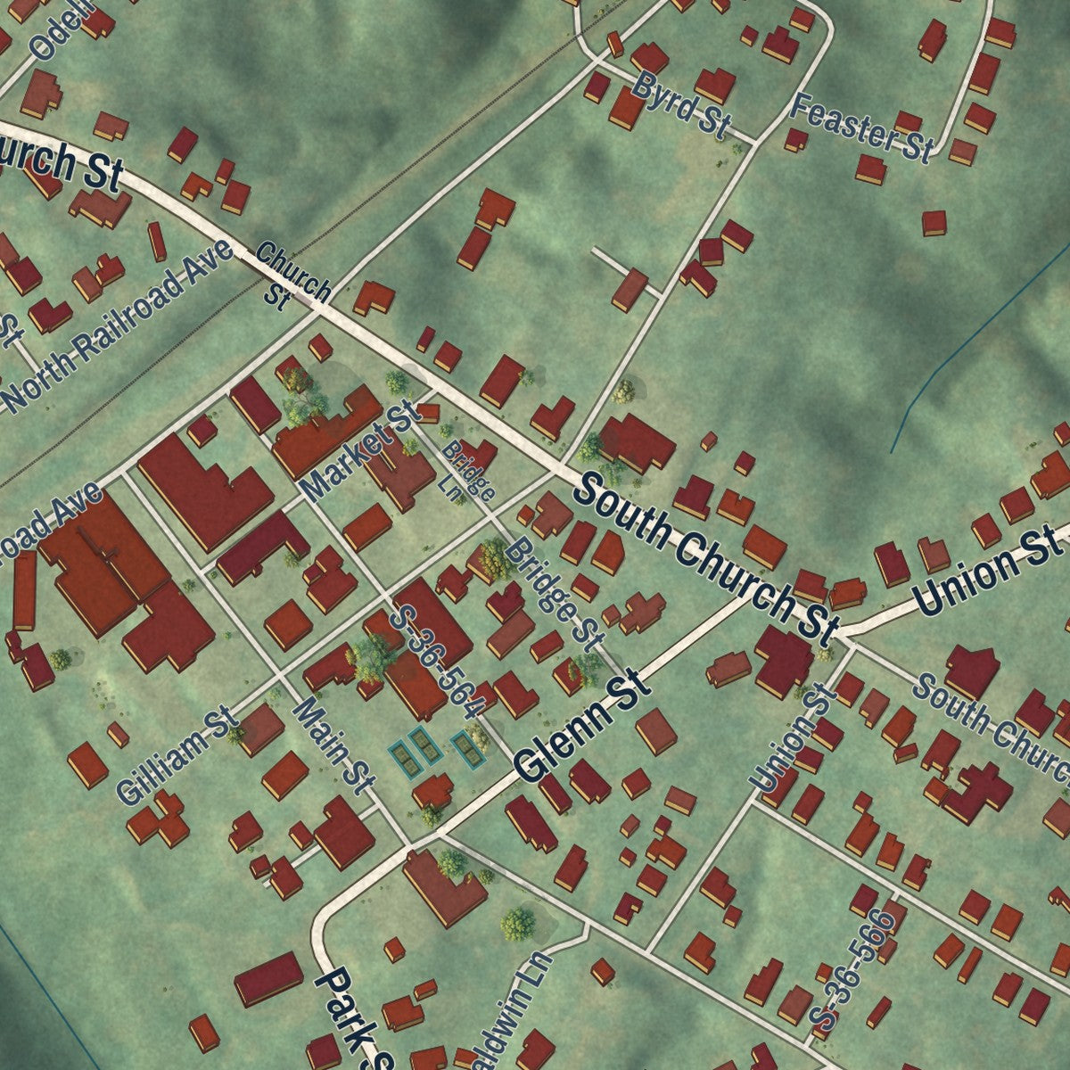 Close-up of the map of Whitmire, South Carolina print showing street and building detail