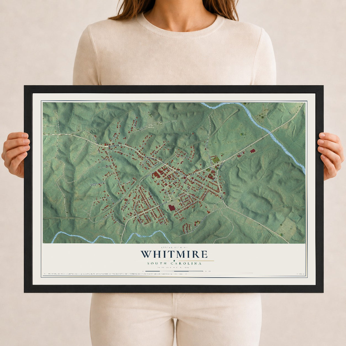 Map of Whitmire, South Carolina, 12 x 18 inch print in a black wood frame