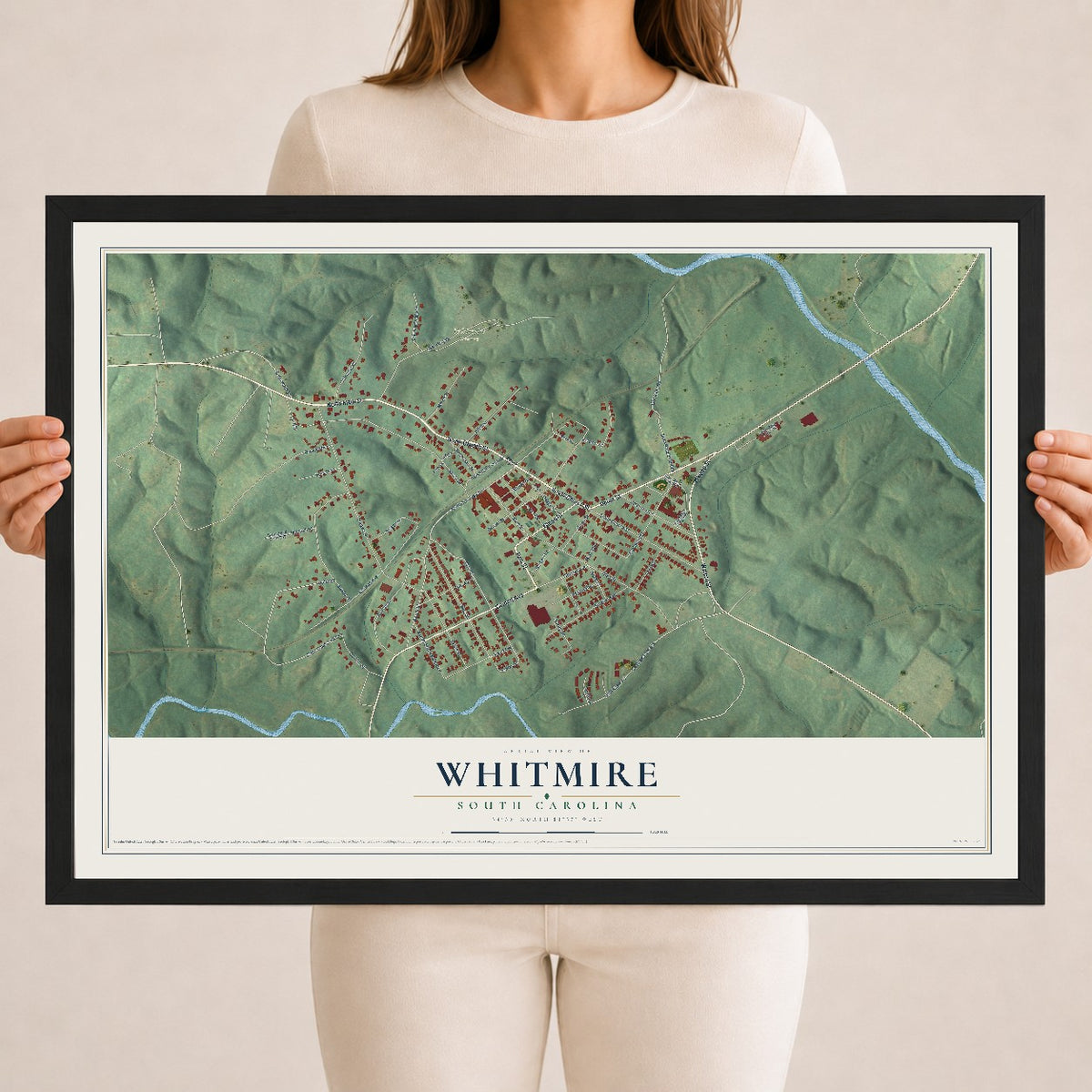 Map of Whitmire, South Carolina, 18 x 24 inch print in a black wood frame