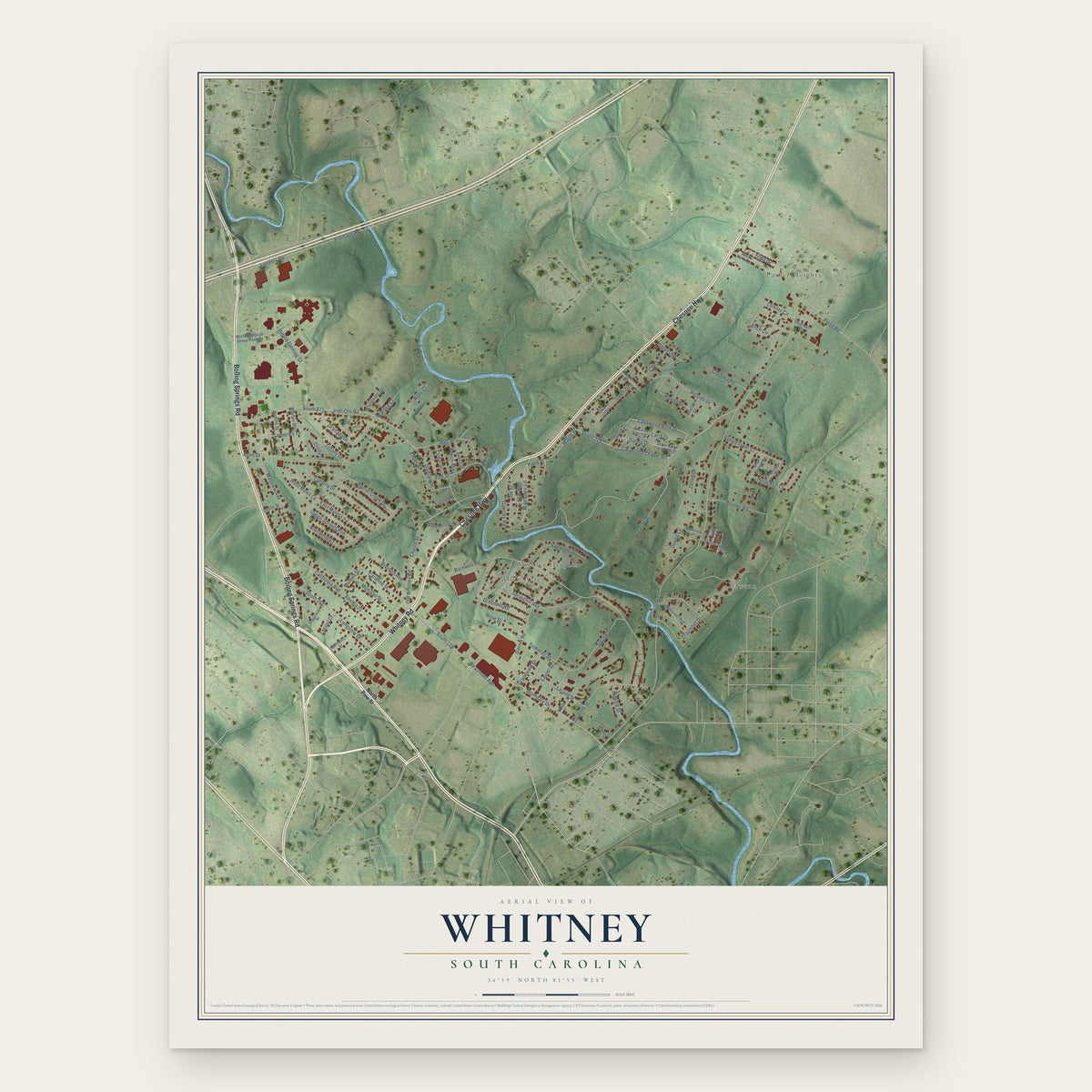Whitney, South Carolina map print, the full design