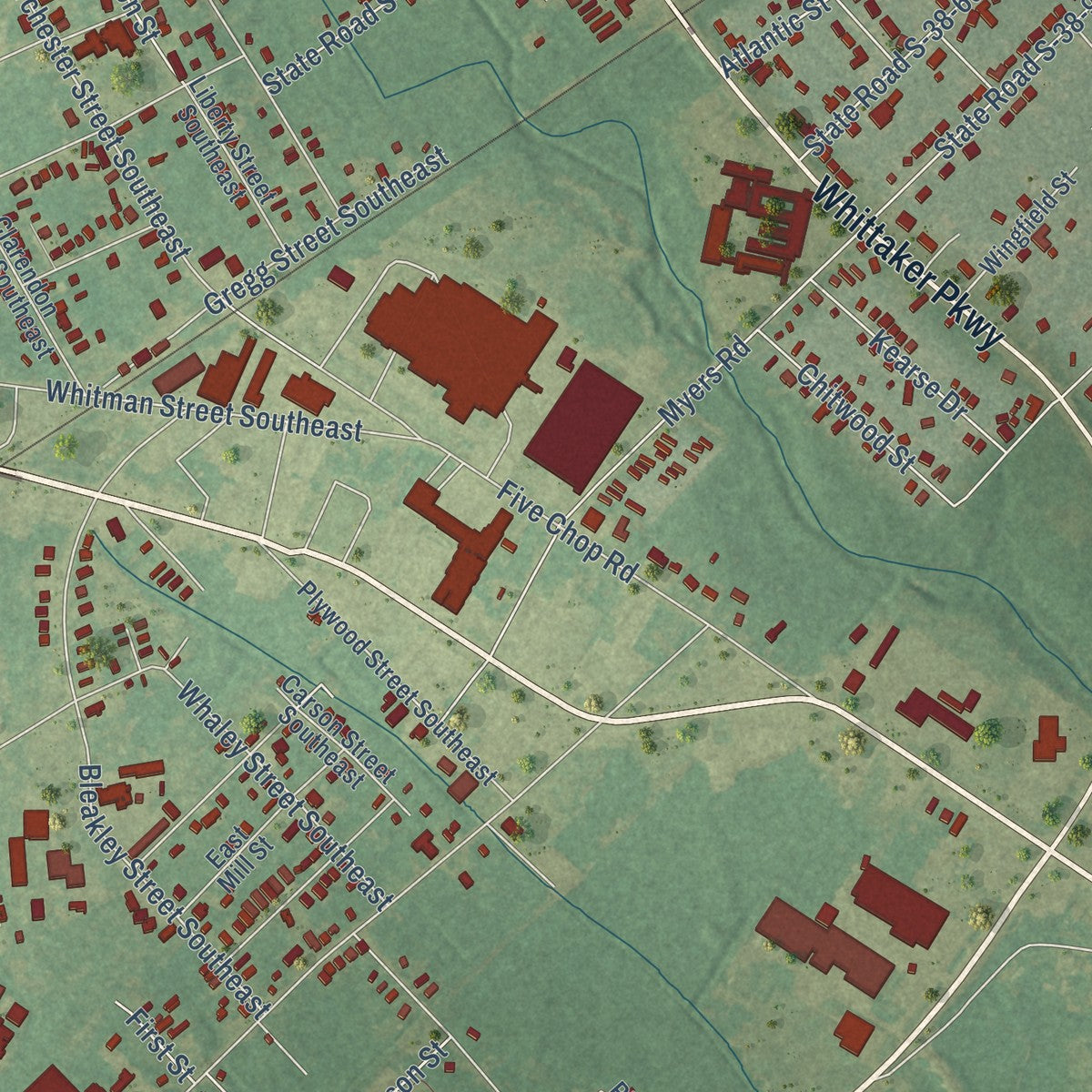 Close-up of the map of Wilkinson Heights, South Carolina print showing street and building detail