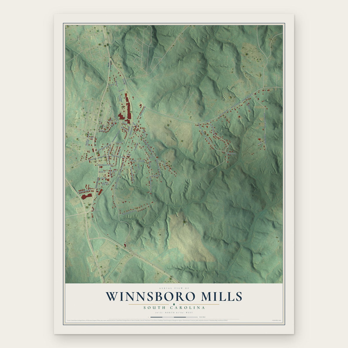Winnsboro Mills, South Carolina map print, the full design