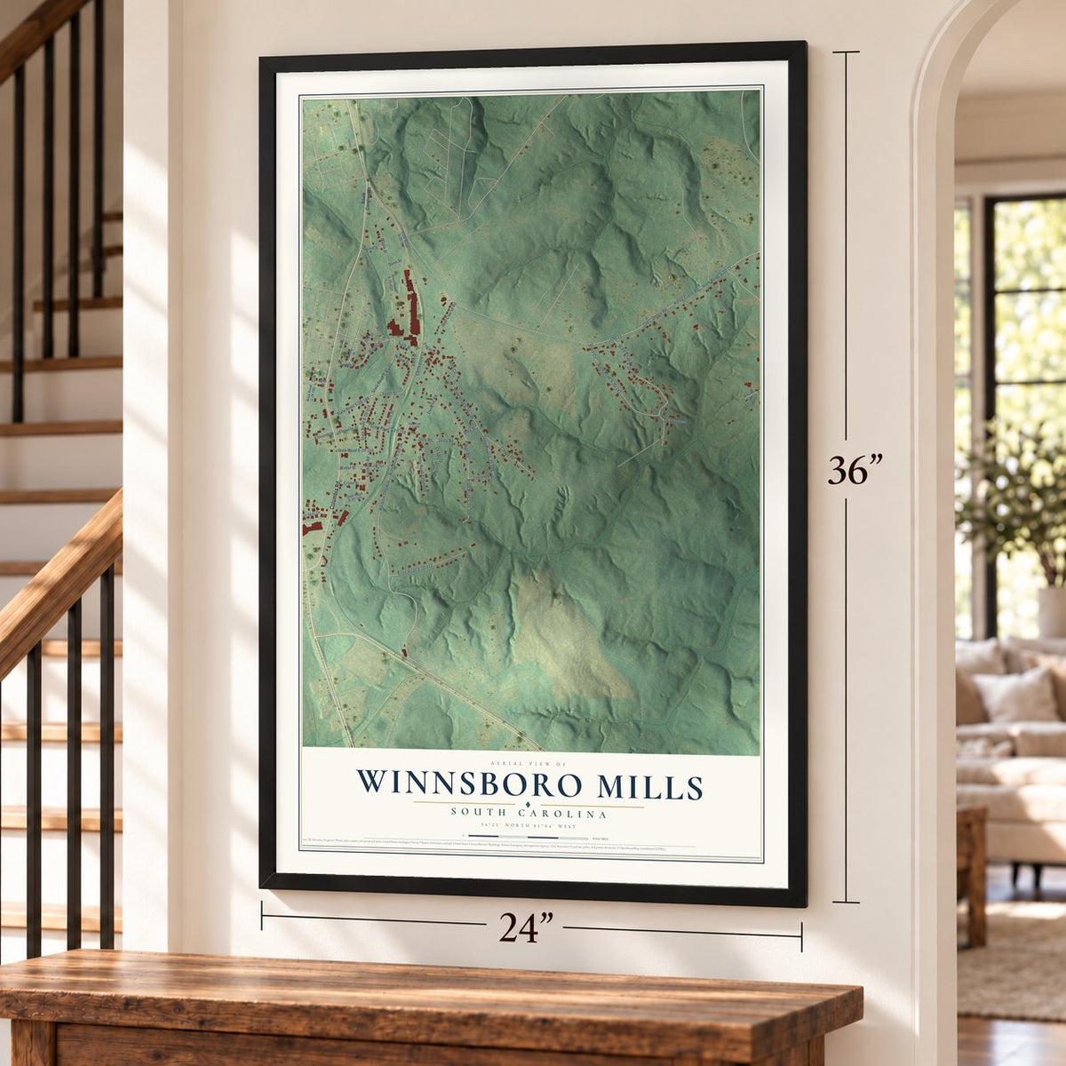 Winnsboro Mills, South Carolina map, 24 x 36 inch print in a black frame by a staircase