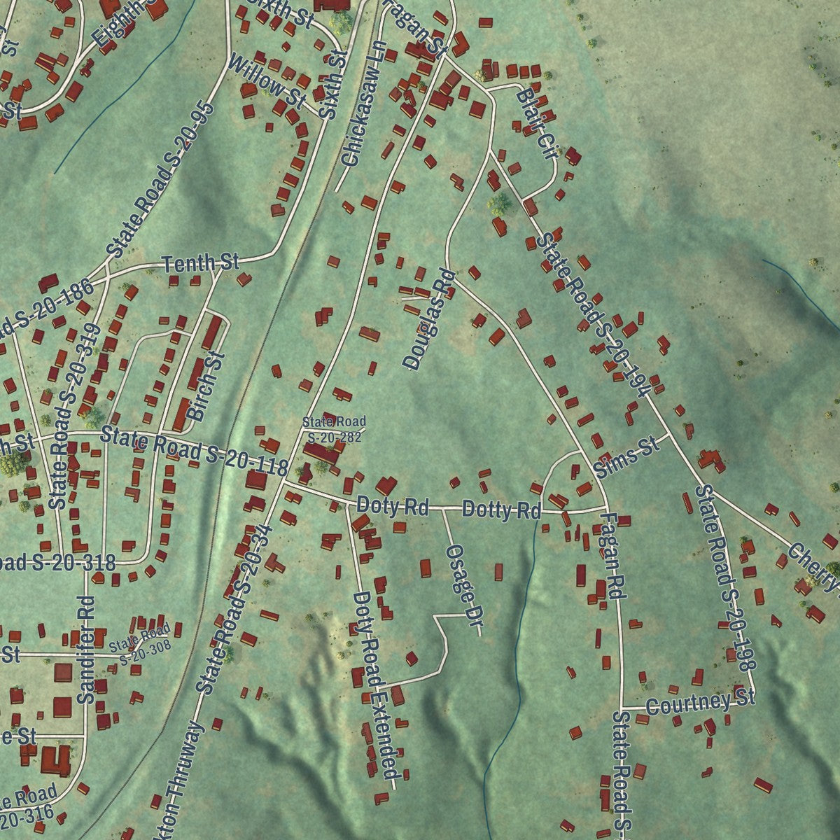 Close-up of the map of Winnsboro Mills, South Carolina print showing street and building detail