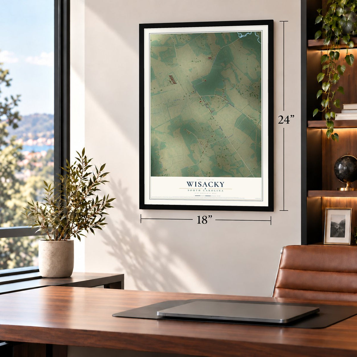 Wisacky, South Carolina map, 18 x 24 inch print in a black frame in a home office