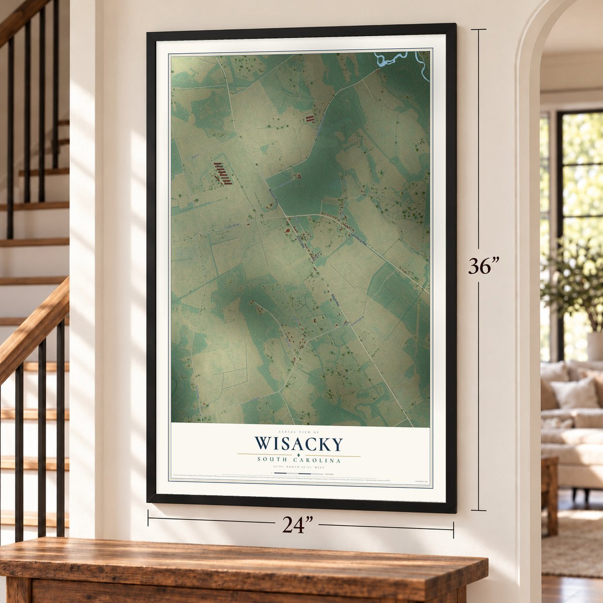 Wisacky, South Carolina map, 24 x 36 inch print in a black frame by a staircase