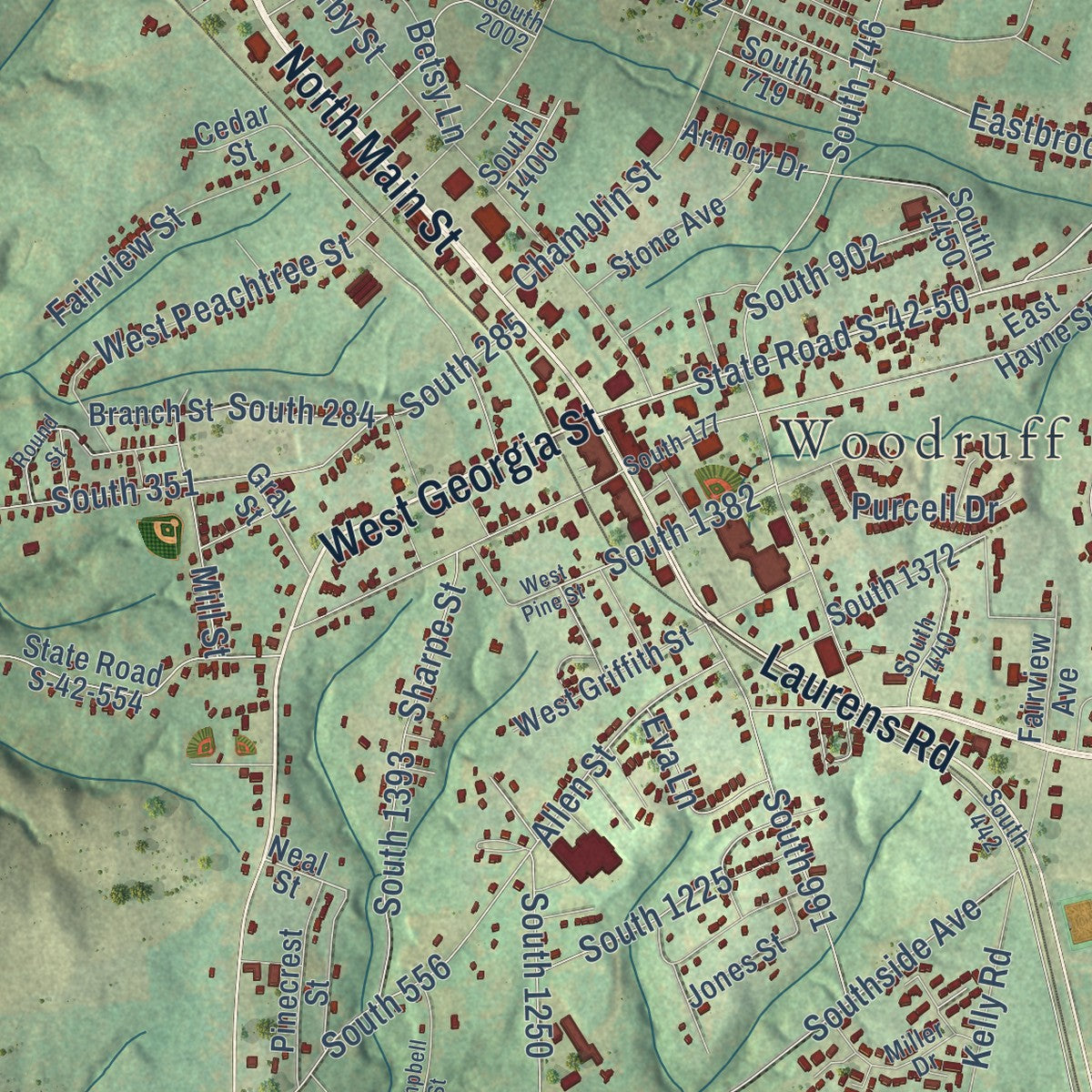 Close-up of the map of Woodruff, South Carolina print showing street and building detail