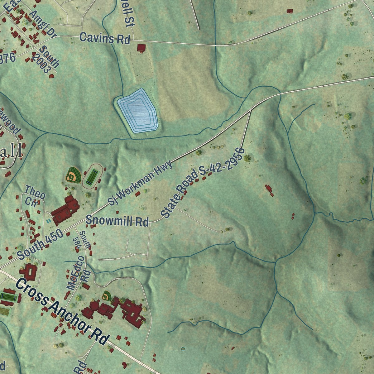 Second close-up of the map of Woodruff, South Carolina print showing more streets and buildings