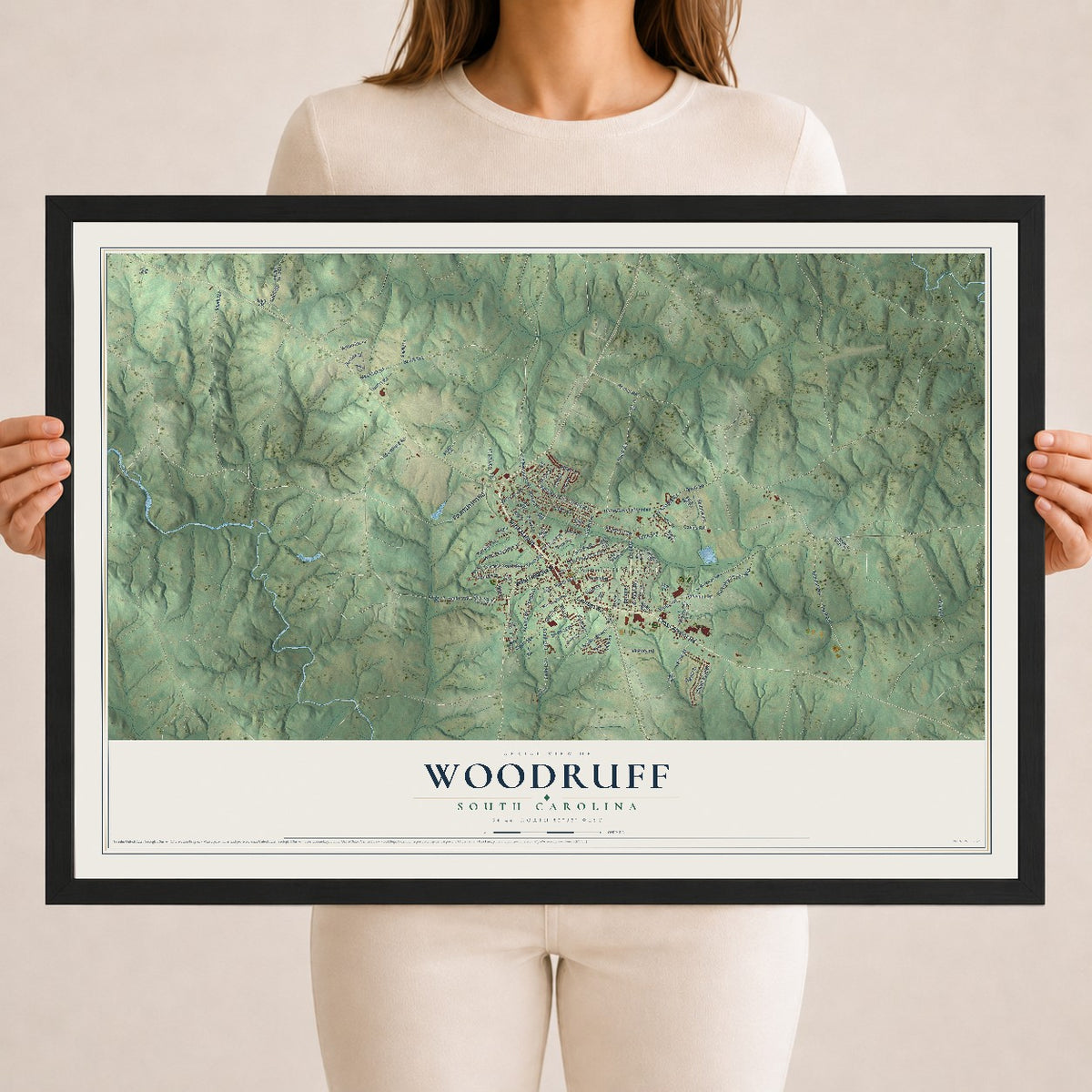 Map of Woodruff, South Carolina, 18 x 24 inch print in a black wood frame