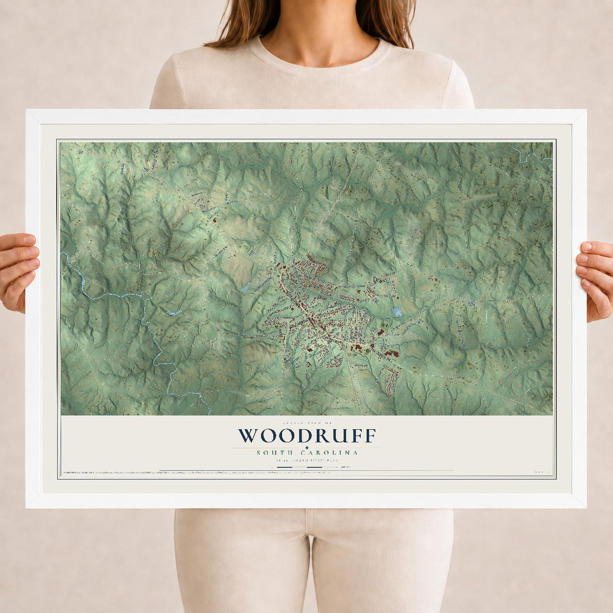 Map of Woodruff, South Carolina, 18 x 24 inch print in a white wood frame