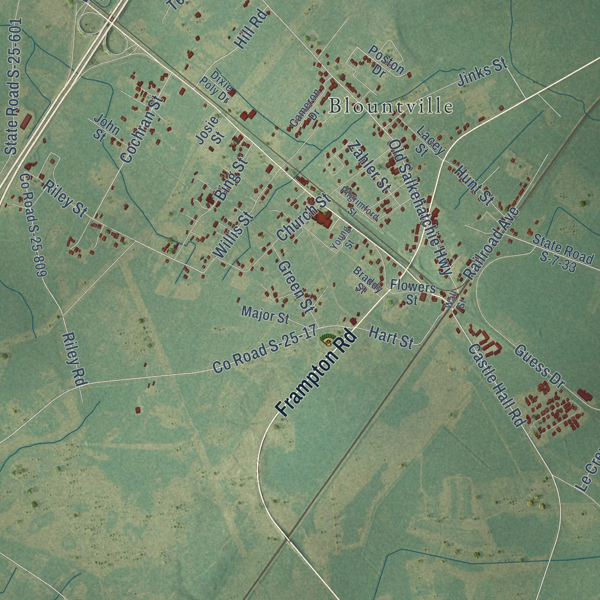 Close-up of the map of Yemassee, South Carolina print showing street and building detail