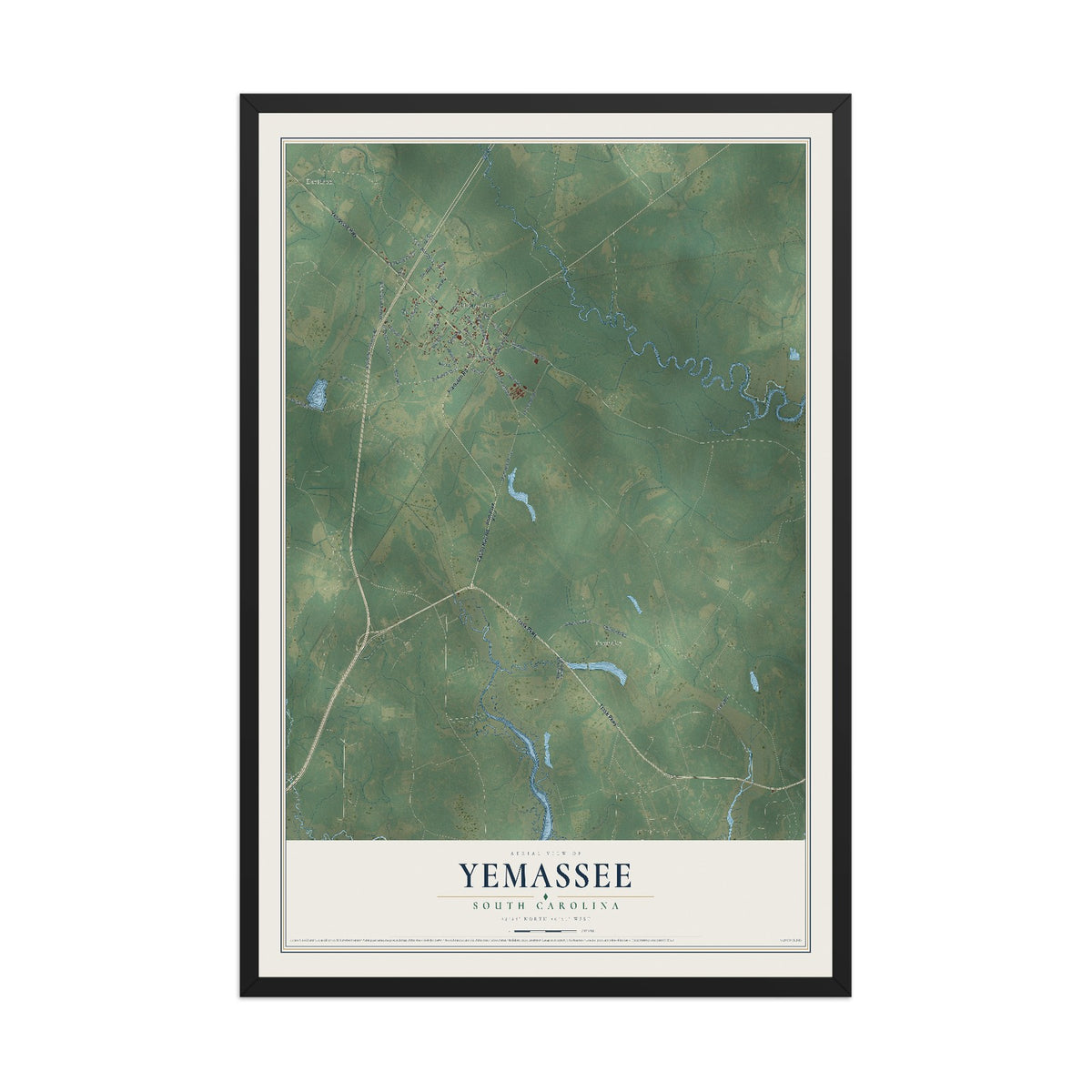 Map of Yemassee, South Carolina, 12 x 18 inch print in a black wood frame