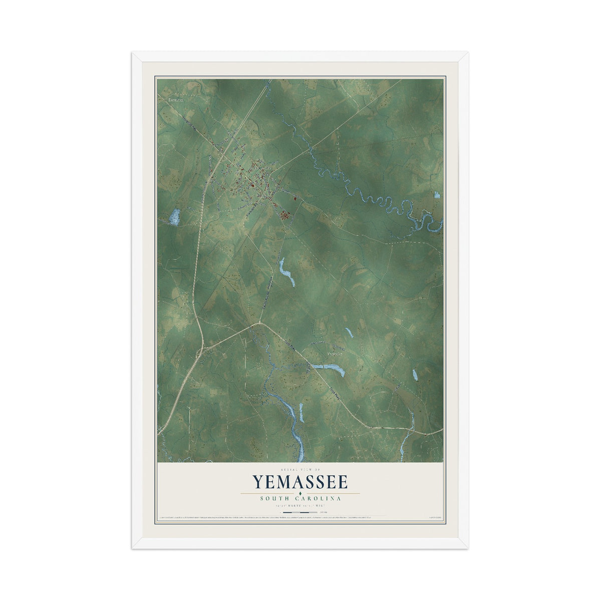 Map of Yemassee, South Carolina, 12 x 18 inch print in a white wood frame