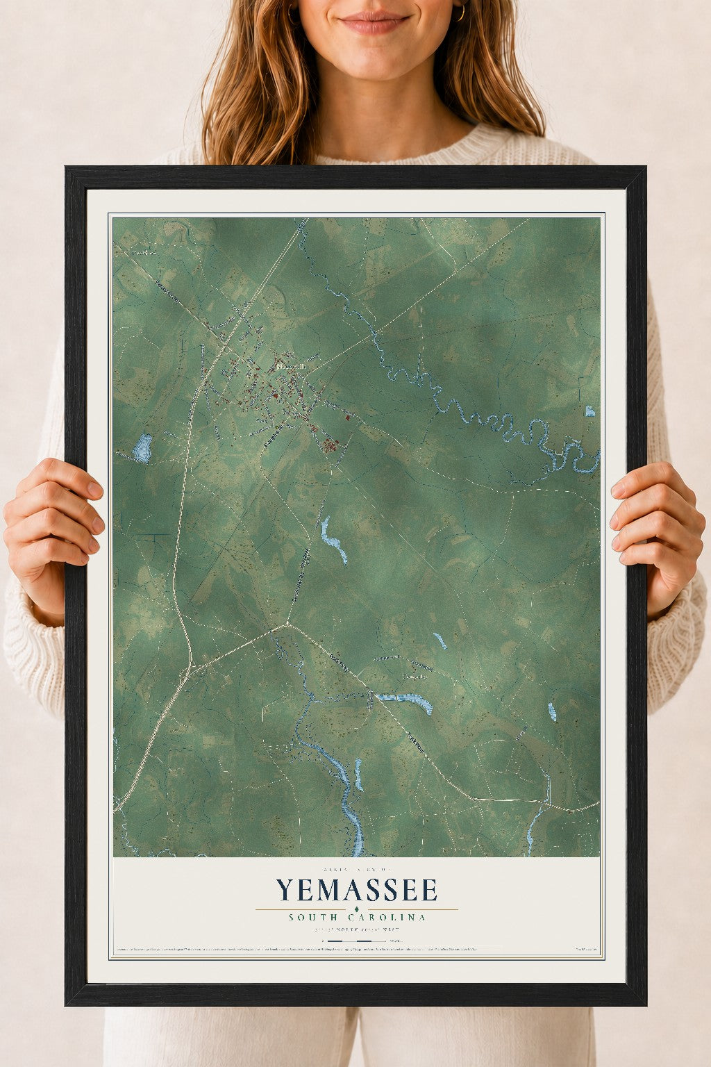 Map of Yemassee, South Carolina, 18 x 24 inch print in a black wood frame