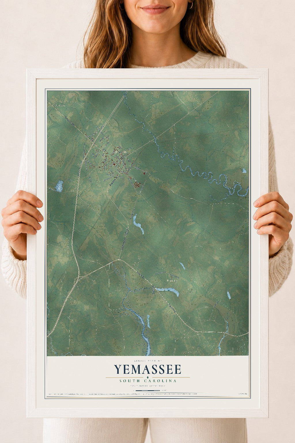 Map of Yemassee, South Carolina, 18 x 24 inch print in a white wood frame