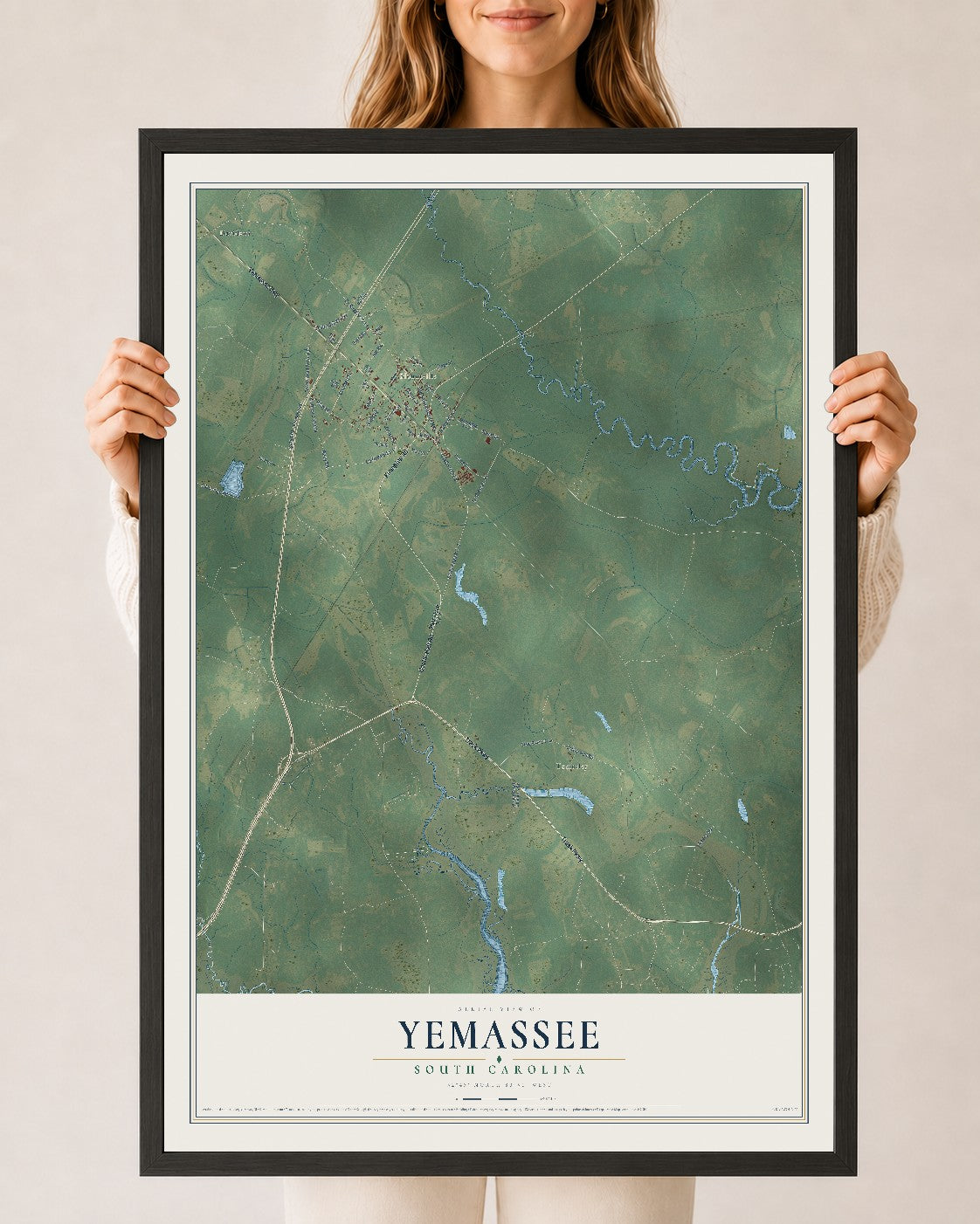 Map of Yemassee, South Carolina, 24 x 36 inch print in a black wood frame