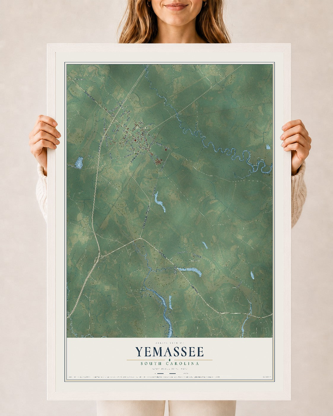 Map of Yemassee, South Carolina, 24 x 36 inch print in a white wood frame
