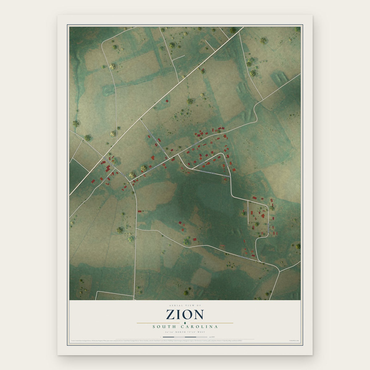 Zion, South Carolina map print, the full design