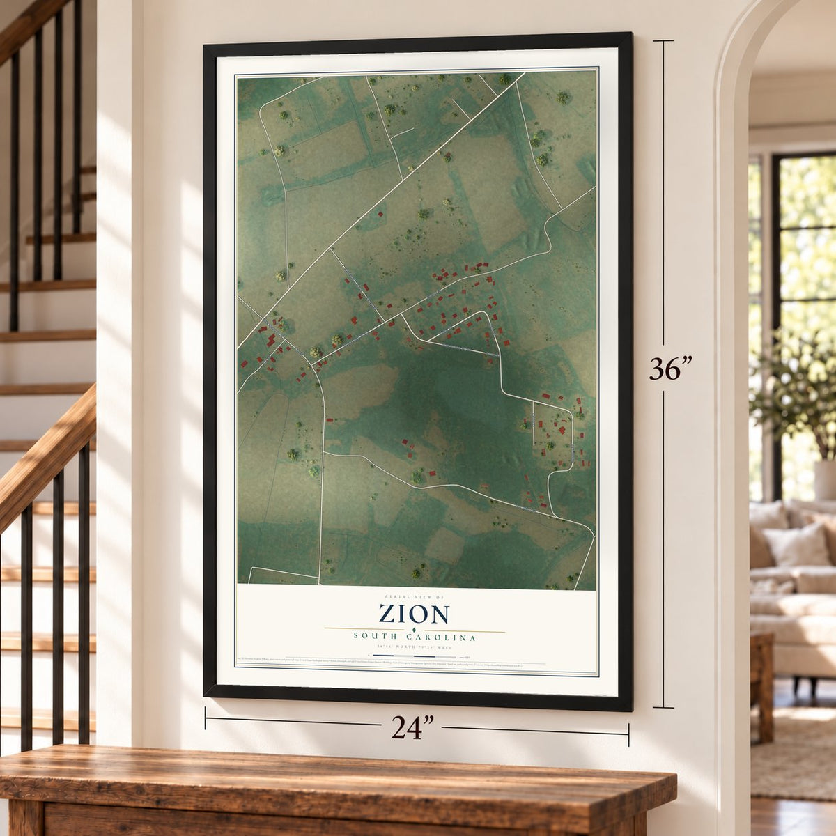 Zion, South Carolina map, 24 x 36 inch print in a black frame by a staircase