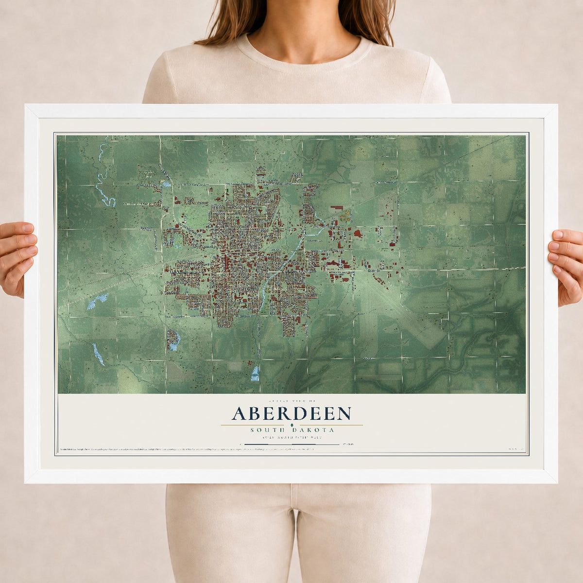Map of Aberdeen, South Dakota, 18 x 24 inch print in a white wood frame