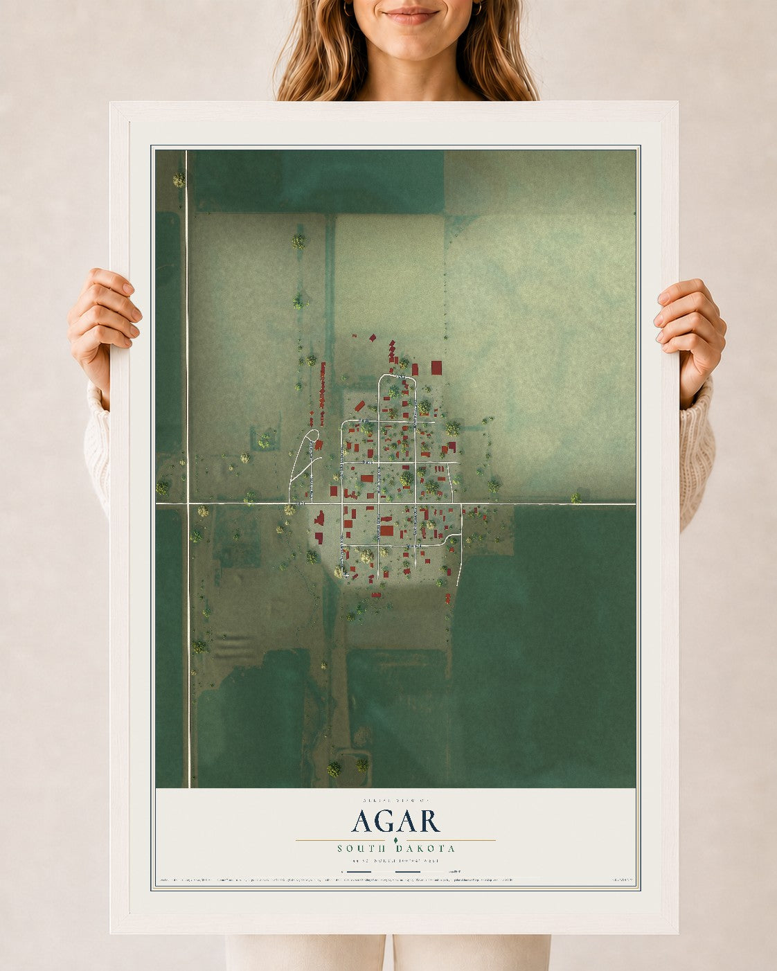 Map of Agar, South Dakota, 24 x 36 inch print in a white wood frame
