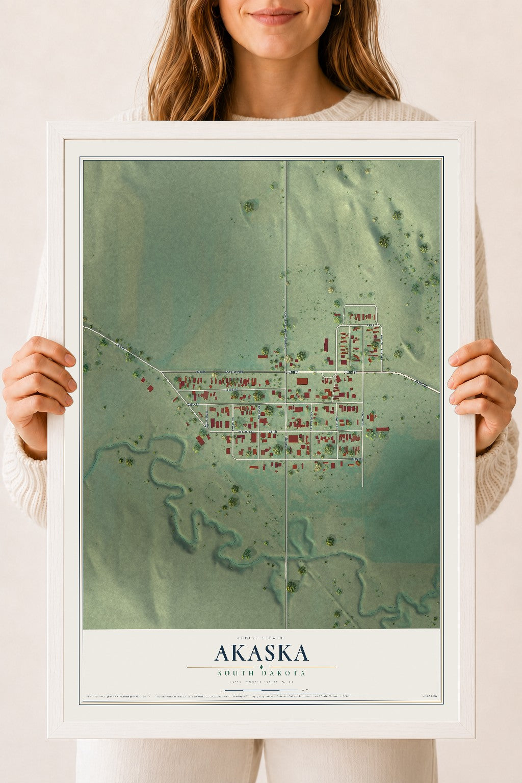Map of Akaska, South Dakota, 18 x 24 inch print in a white wood frame