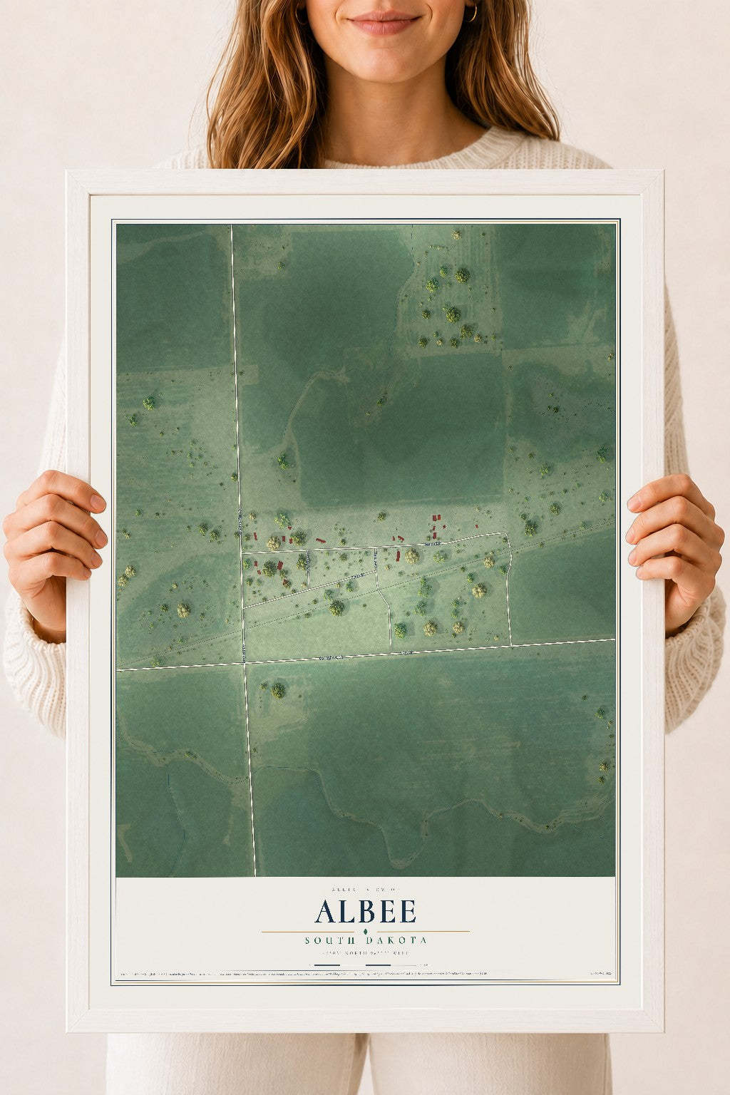 Map of Albee, South Dakota, 18 x 24 inch print in a white wood frame