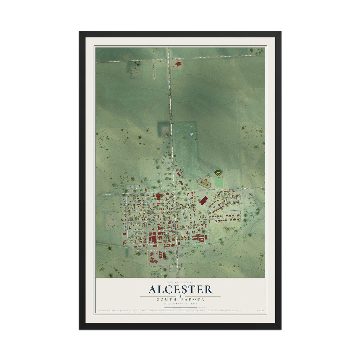 Map of Alcester, South Dakota, 12 x 18 inch print in a black wood frame