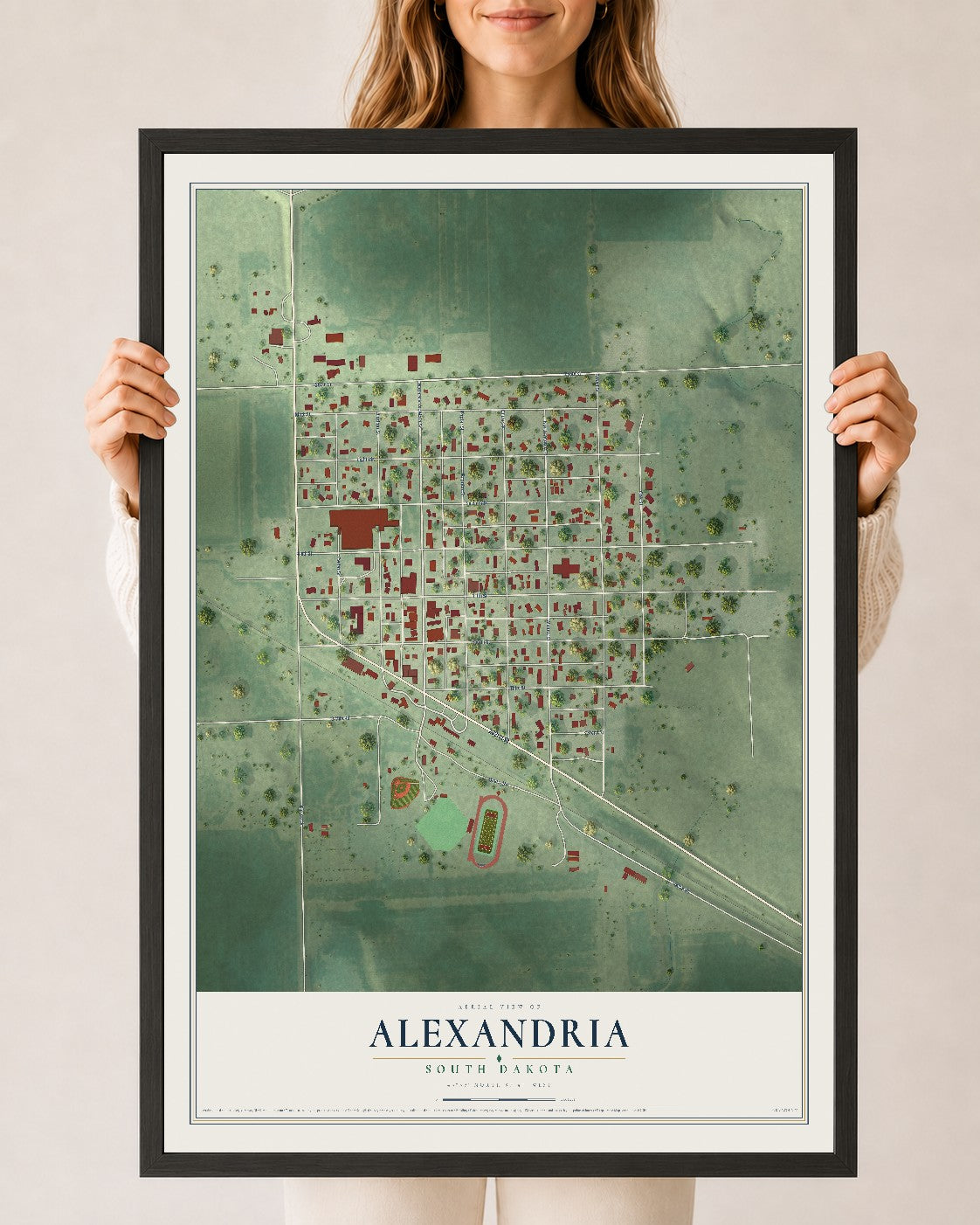 Map of Alexandria, South Dakota, 24 x 36 inch print in a black wood frame