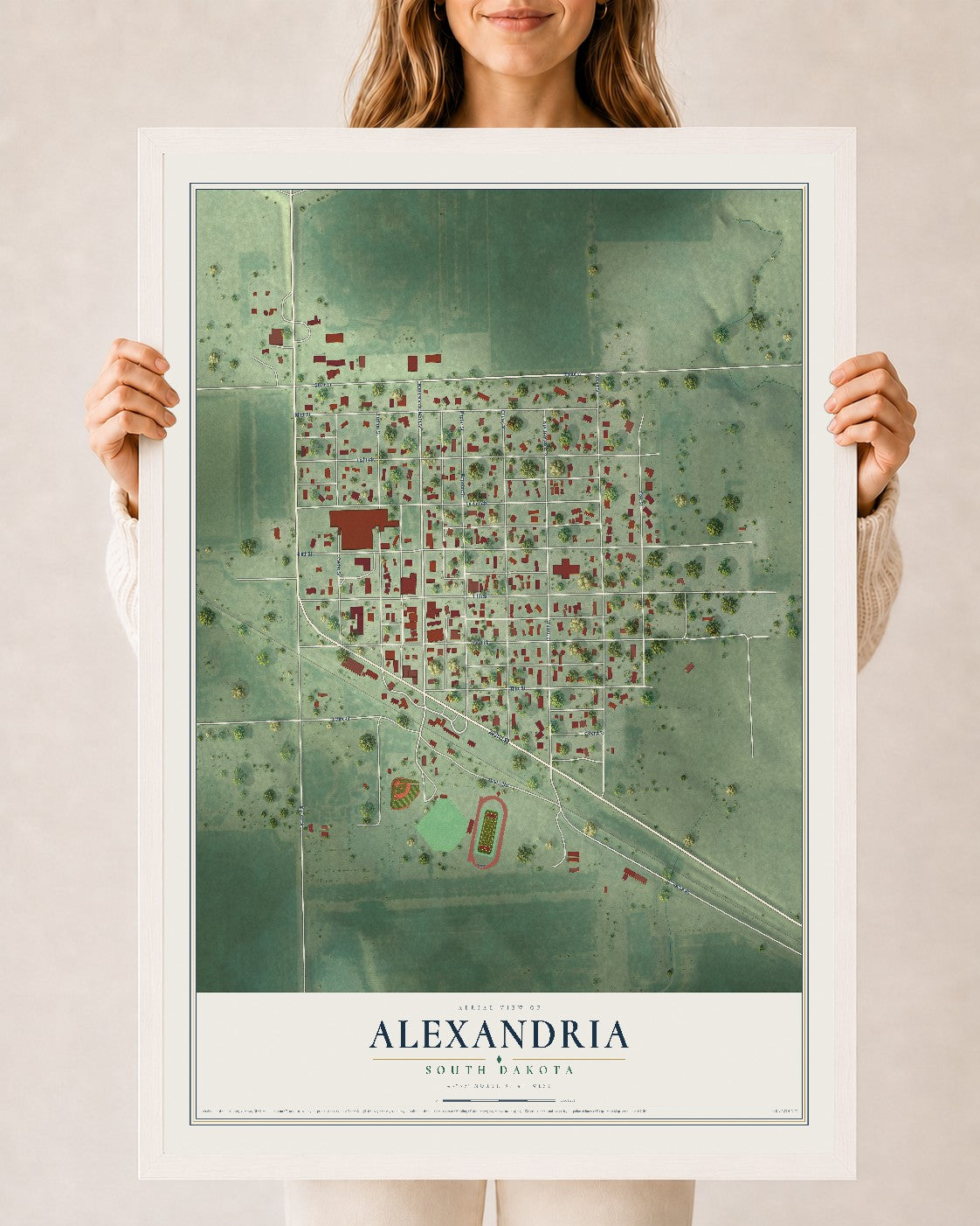 Map of Alexandria, South Dakota, 24 x 36 inch print in a white wood frame