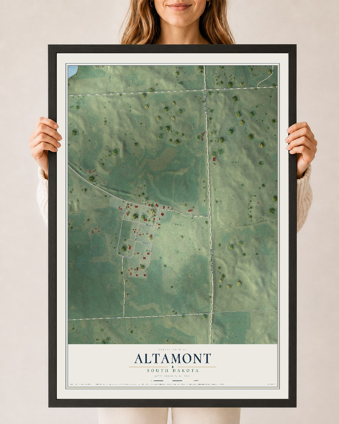 Map of Altamont, South Dakota, 24 x 36 inch print in a black wood frame