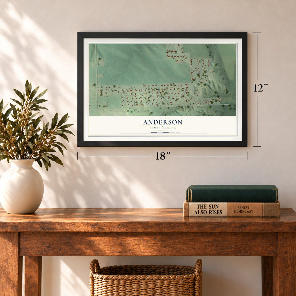 Anderson, South Dakota map, 12 x 18 inch print in a black frame in an entryway