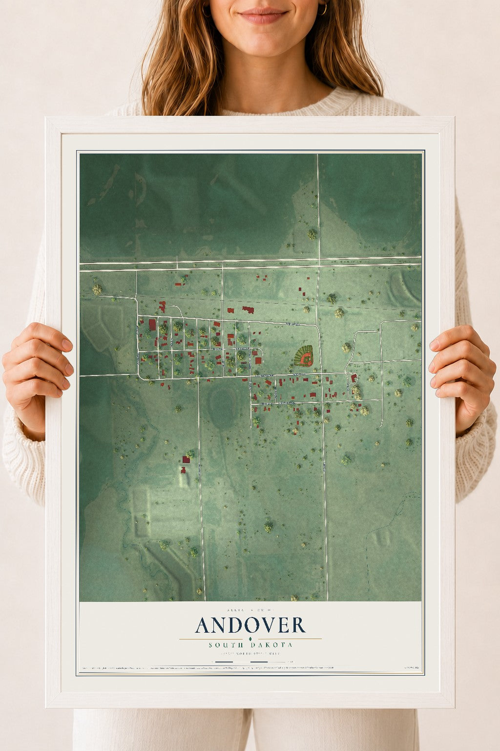 Map of Andover, South Dakota, 18 x 24 inch print in a white wood frame