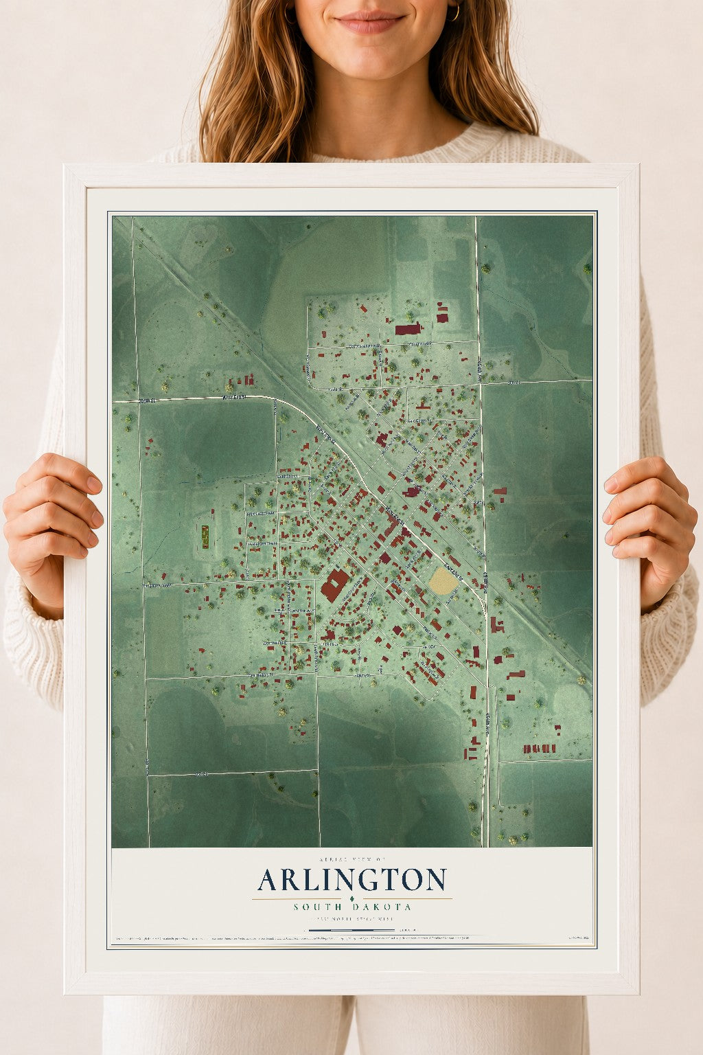 Map of Arlington, South Dakota, 18 x 24 inch print in a white wood frame