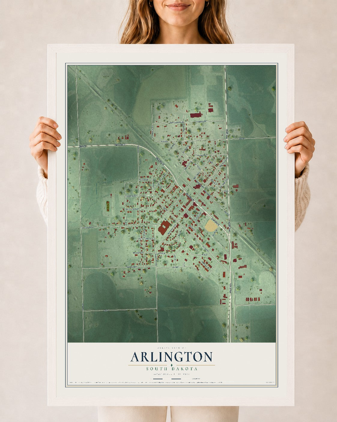Map of Arlington, South Dakota, 24 x 36 inch print in a white wood frame