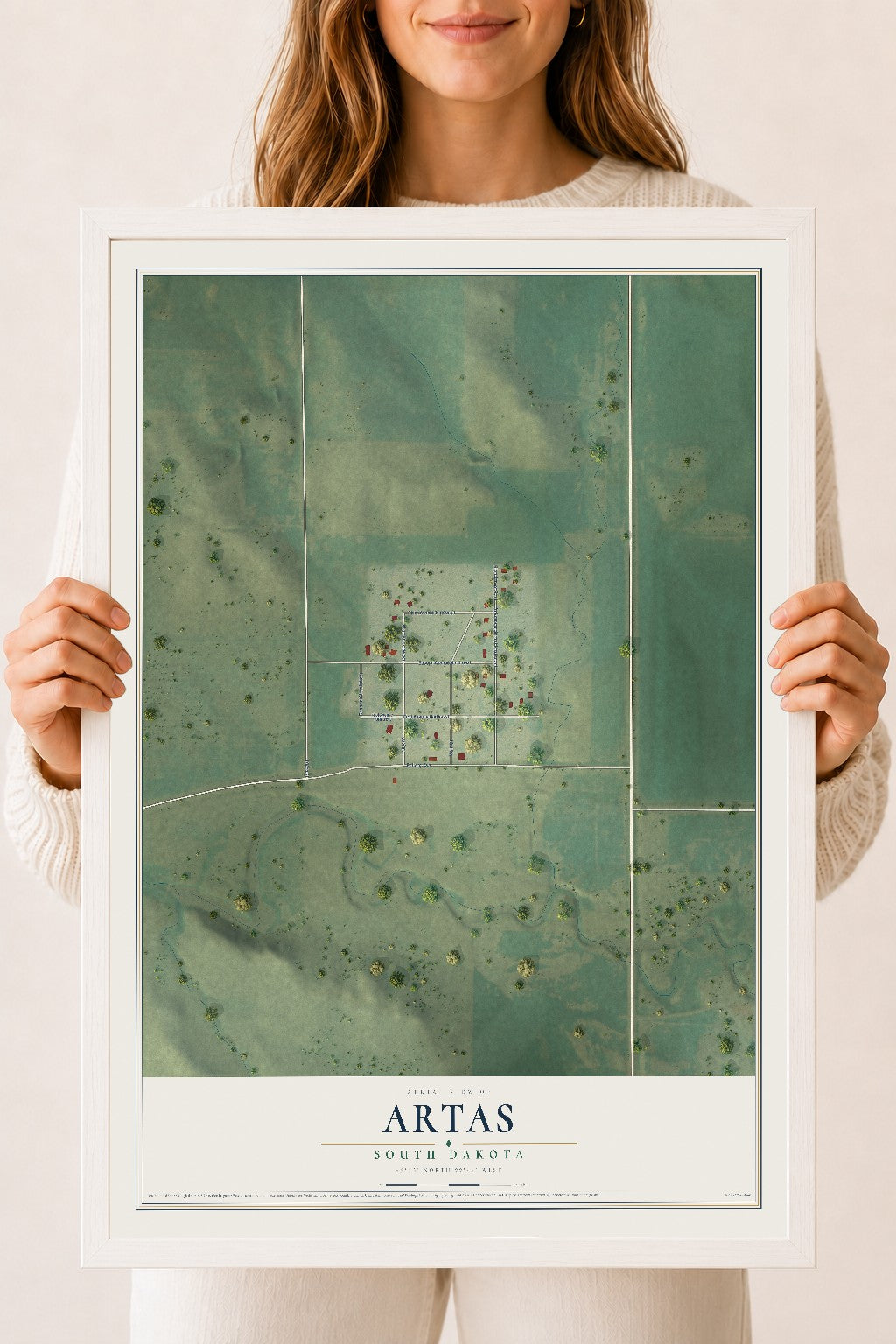 Map of Artas, South Dakota, 18 x 24 inch print in a white wood frame