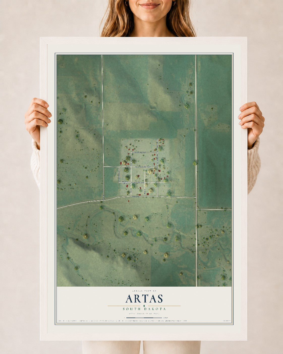 Map of Artas, South Dakota, 24 x 36 inch print in a white wood frame