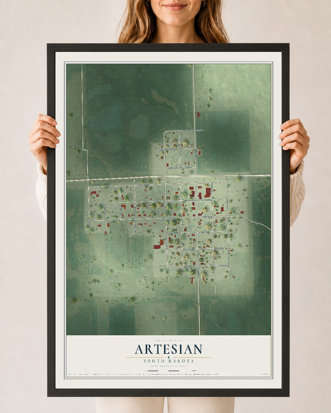 Map of Artesian, South Dakota, 24 x 36 inch print in a black wood frame