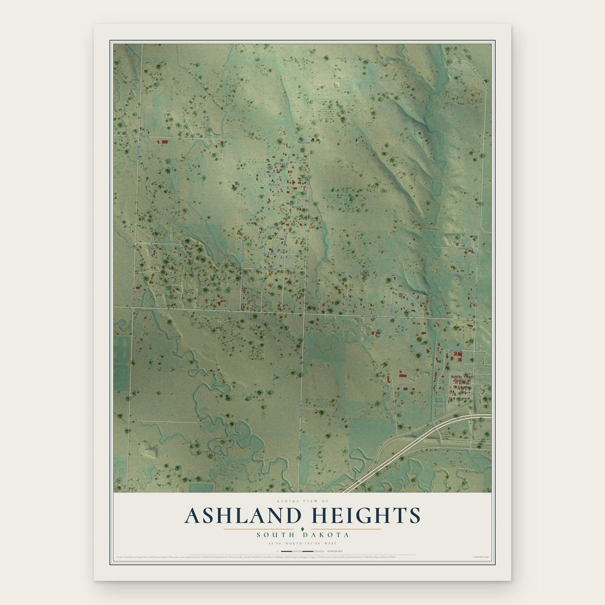 Ashland Heights, South Dakota map print, the full design