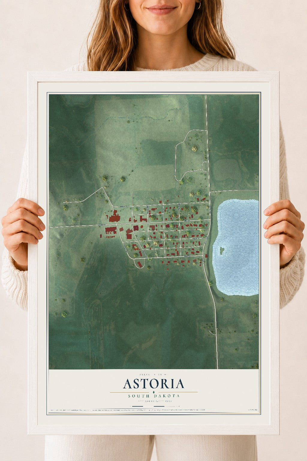 Map of Astoria, South Dakota, 18 x 24 inch print in a white wood frame