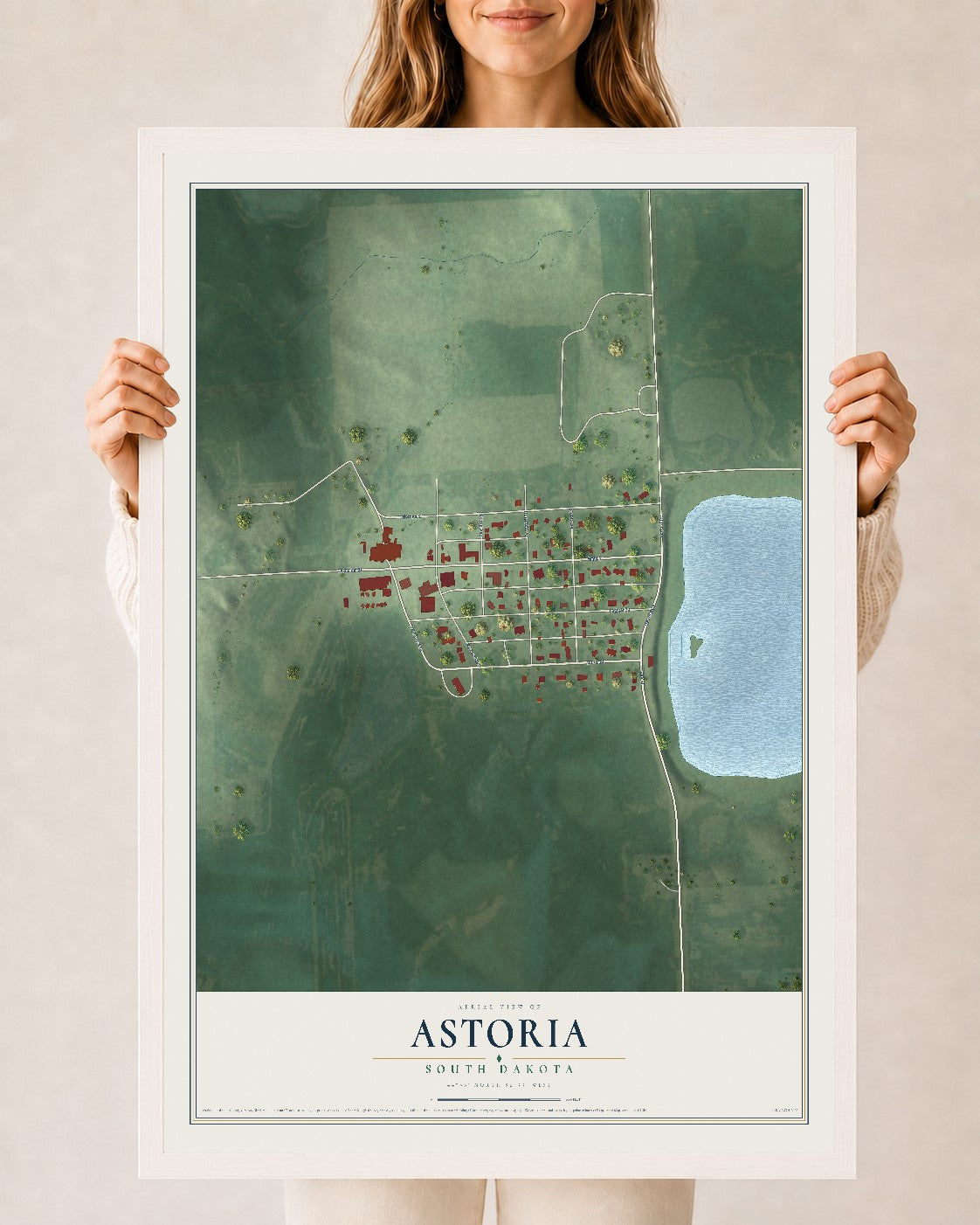 Map of Astoria, South Dakota, 24 x 36 inch print in a white wood frame